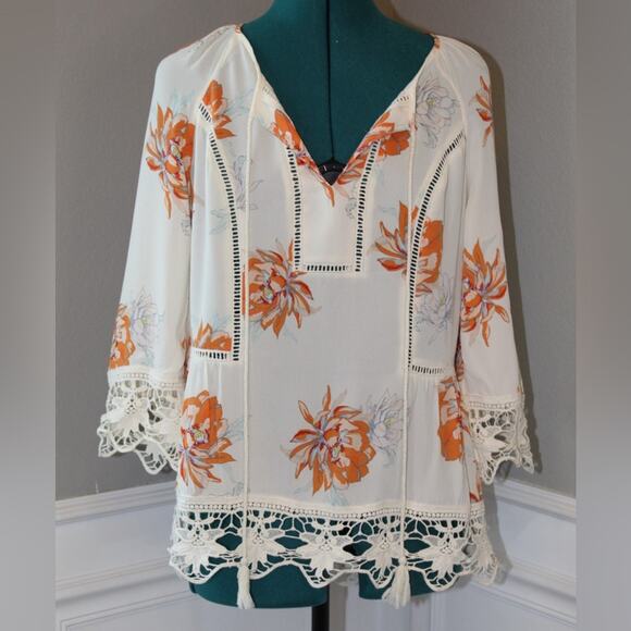 Gibson & Latimer Floral Boho Blouse Crochet Trim Tassels Cream/Orange Women S - Picture 1 of 5